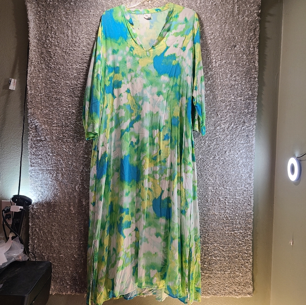 Natori Sz. M Kaftan House Dress Multicolor Maxi Pockets Lightweight Beach